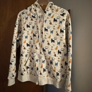 Cat Print Zip-Up Hoodie in Cream with Navy & Mustard Cats size small